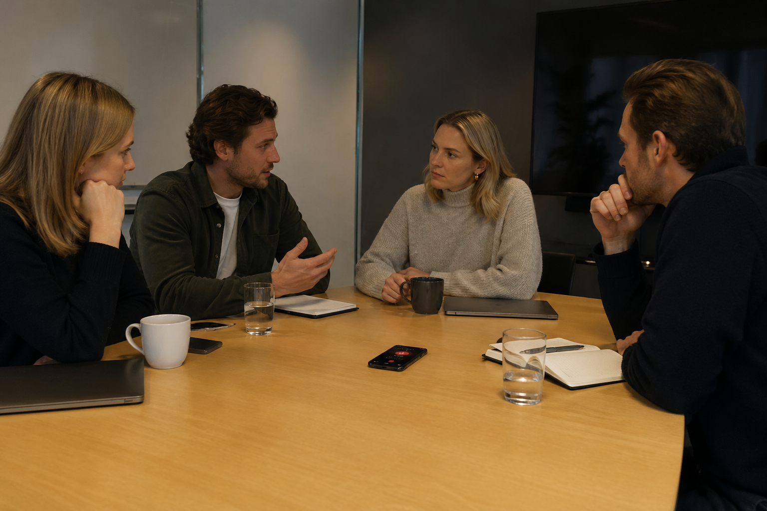 Møterom med team som diskuterer mens en telefon på bordet tar opp samtalen