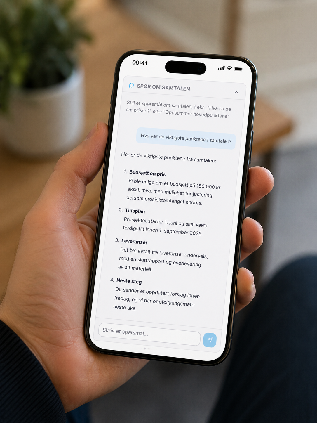 Mobil som viser chat med spørsmål om hva som ble sagt i møtet